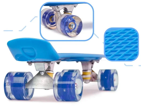 Skateboard Penny Board pentru copii cu roti din cauciuc, iluminate LED, culoare Albastra