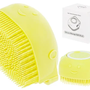 Perie din silicon cu dozator de sampon pentru spalare caini sau pisici, 7,5 x 7,5 cm, culoare galben