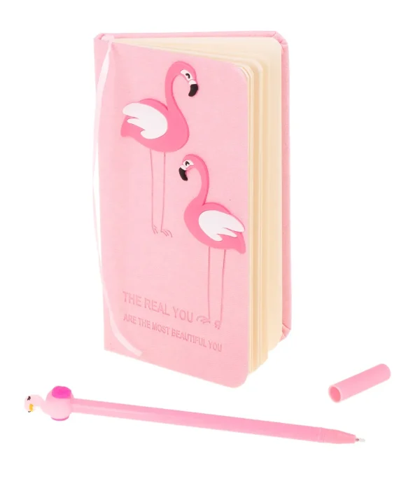 Set Cadou pentru Copii, Caiet cu Flamingo finisat cu piele ecologica + Pix cu Flamingo
