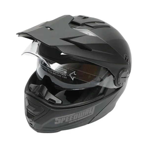 Casca motocross integrala negru mat cu viziera transparenta si ochelari de soare, marimea L, model LION