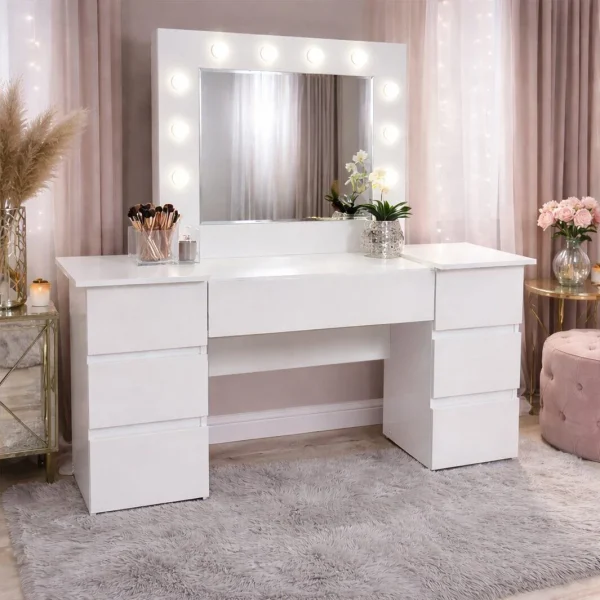 Masa de toaleta/machiaj, Antonia + scaun Mark, alb, cu oglinda si LED-uri, 155x42x135 cm