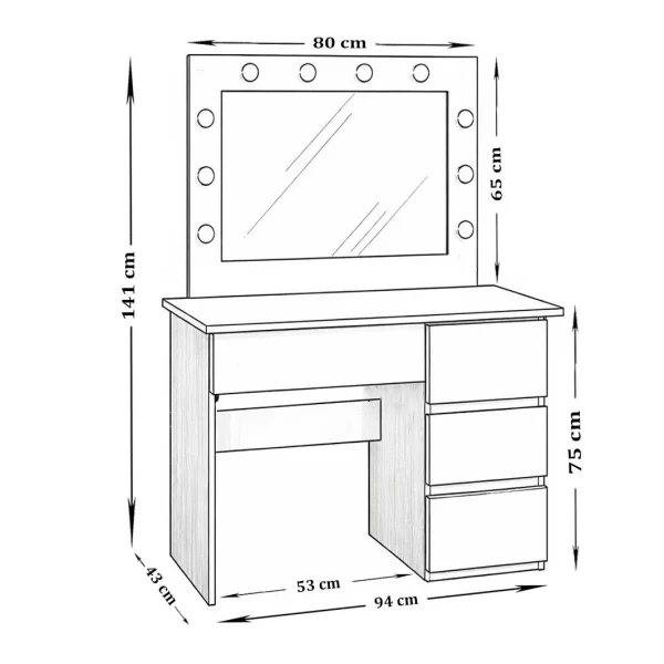 Masa de toaleta/machiaj, Irina, stejar + scaun Mark, bej, cu oglinda si LED-uri, 94x43x141 cm