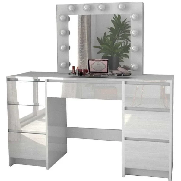 Masa de toaleta/machiaj, sertare alb lucios, cu oglinda si LED-uri, Vanessa, 130x43x143 cm