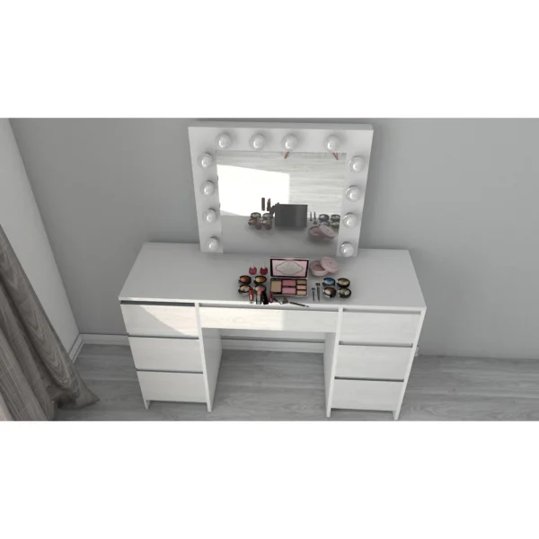 Masa de toaleta/machiaj, sertare alb lucios, cu oglinda si LED-uri, Vanessa, 130x43x143 cm