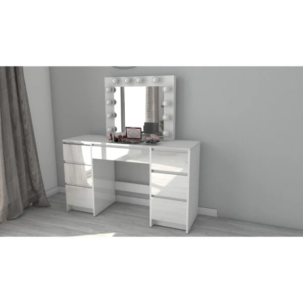 Masa de toaleta/machiaj, sertare alb lucios, cu oglinda si LED-uri, Vanessa, 130x43x143 cm