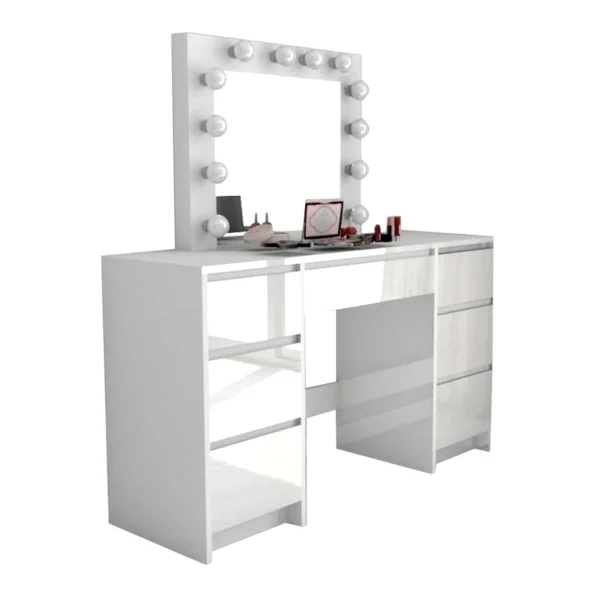 Masa de toaleta/machiaj, sertare alb lucios, cu oglinda si LED-uri, Vanessa, 130x43x143 cm
