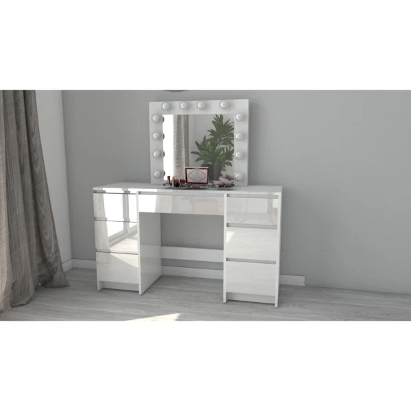 Masa de toaleta/machiaj, sertare alb lucios, cu oglinda si LED-uri, Vanessa, 130x43x143 cm