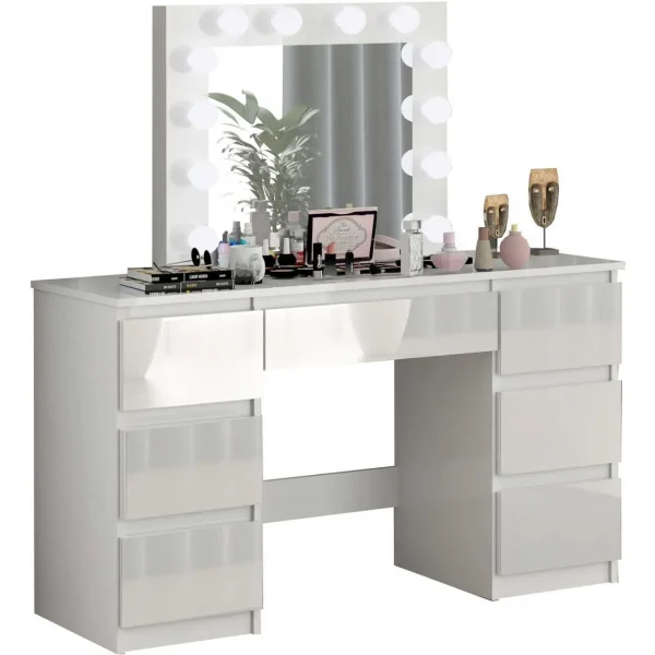 Masa de toaleta/machiaj, sertare alb lucios, cu oglinda si LED-uri, Vanessa, 130x43x143 cm