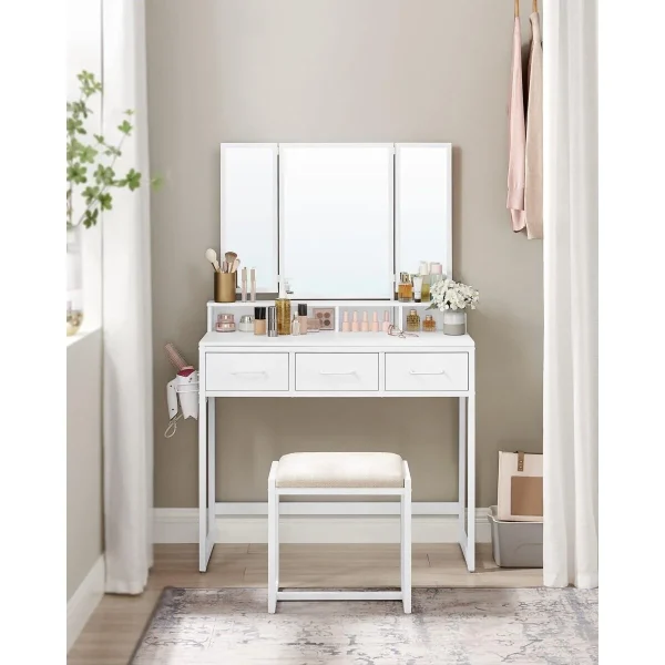 Masa de toaleta/machiaj, Artool, alba, cu 3 oglinzi, taburet, 3 sertare, 90x40x141 cm