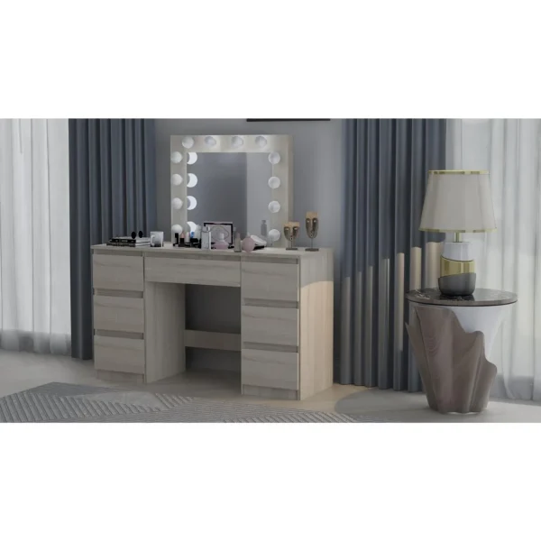 Masa de toaleta/machiaj, stejar, cu oglinda si LED-uri, Vanessa,130x43x143 cm