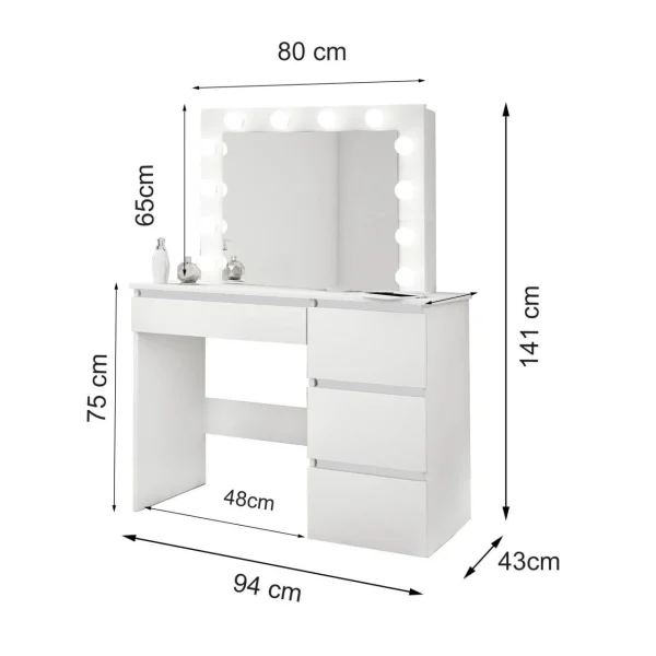 Masa de toaleta/machiaj, negru, cu oglinda si LED-uri, Irina , 94x43x141 cm