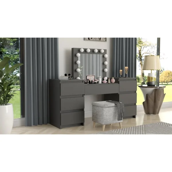 Masa de toaleta/machiaj, negru, cu oglinda si LED-uri, Silvia, 155x42x135 cm