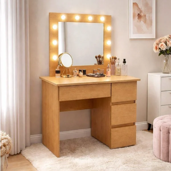 Masa de toaleta/machiaj, Irina, stejar + taburet, bej, cu oglinda si LED-uri, 94x43x141 cm