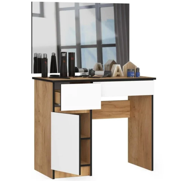 Masa de toaleta/machiaj, 2 sertare stanga, cu oglinda, dulap, alb si stejar, 90x50x77/142 cm