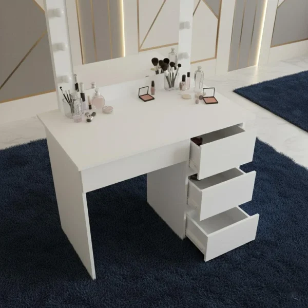 Masa de toaleta/machiaj, Irina + scaun Avola, alb, cu oglinda si LED-uri, 94x43x141 cm