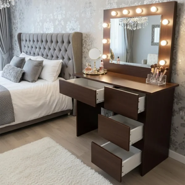 Masa de toaleta/machiaj, Irina, wenge + scaun Mark, negru, cu oglinda si LED-uri, 94x43x141 cm