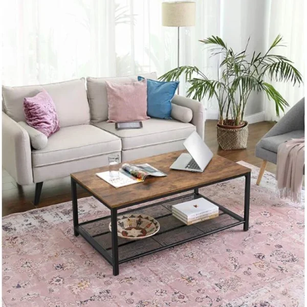 Masa de cafea, Vasagle, cu raft depozitare, dreptunghiulara, pal si metal, maro rustic, 106x60x45 cm