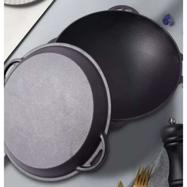 Oala de fonta tip wok, cu capac, 3 in 1, 32x14 cm, Perfect Home 