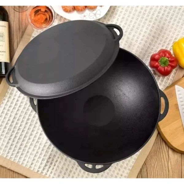 Oala de fonta tip wok, cu capac, 3 in 1, 32x14 cm, Perfect Home 