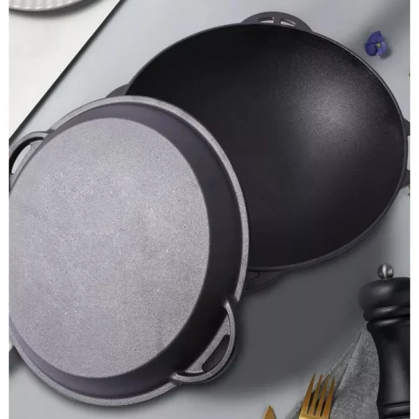 Oala de fonta tip wok, cu capac, 3 in 1, 37x18 cm, Perfect Home