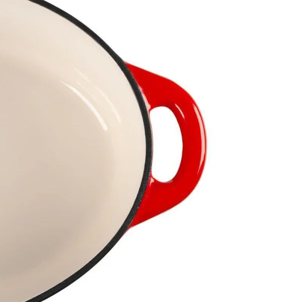 Oala de fonta emailata cu capac, ovala, maner din inox, lingura de lemn, rosie, 4.4 L, Magic Home