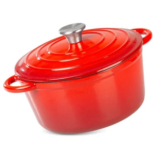 Oala de fonta emailata cu capac, maner din inox, lingura de lemn, rosie, 4 L, Magic Home