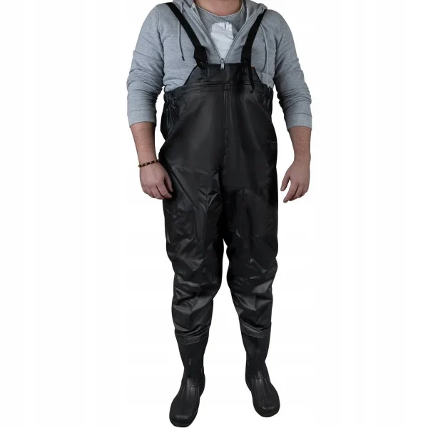 Pantaloni, cu pieptar, salopeta, pentru pescuit, cu bretele ajustabile, cizme, marimea 43, negru, Malatec