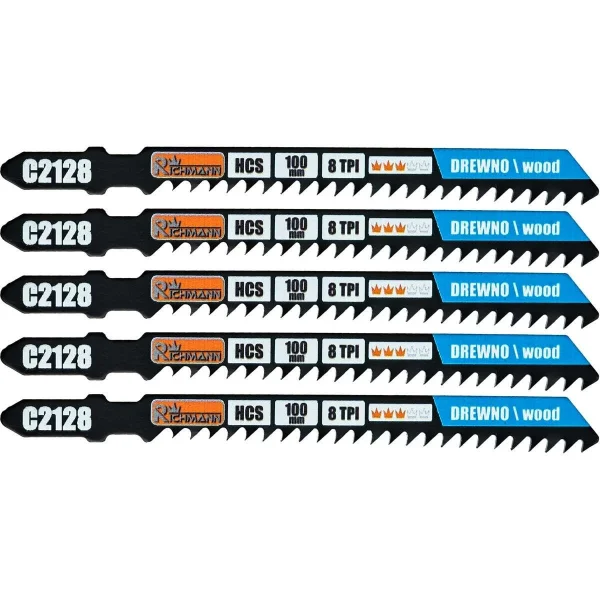Panza, lama, fierastrau pendular, pentru lemn, HCS, prindere tip T, 8 TPI, taiere rapida, set 5 buc, 100 mm, Richmann