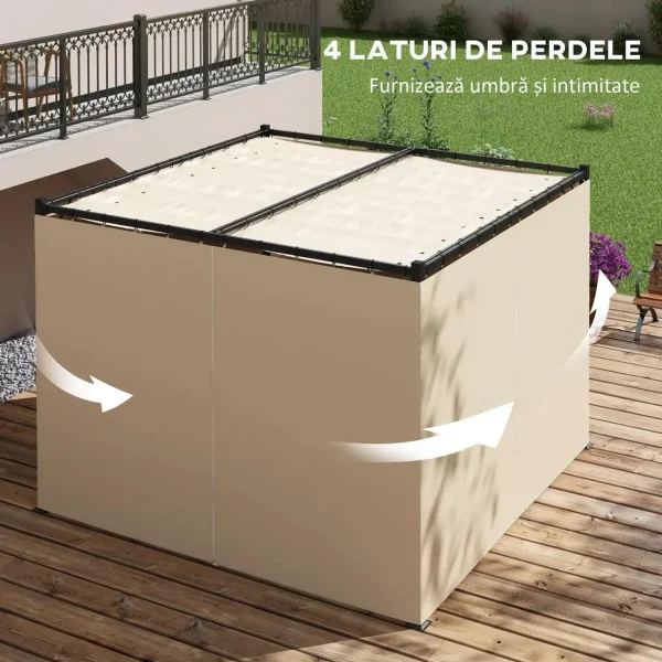 Pergola pentru gradina/terasa, retractabila, cu perdele, cadru metalic, negru si bej, 3x3x2.27 m