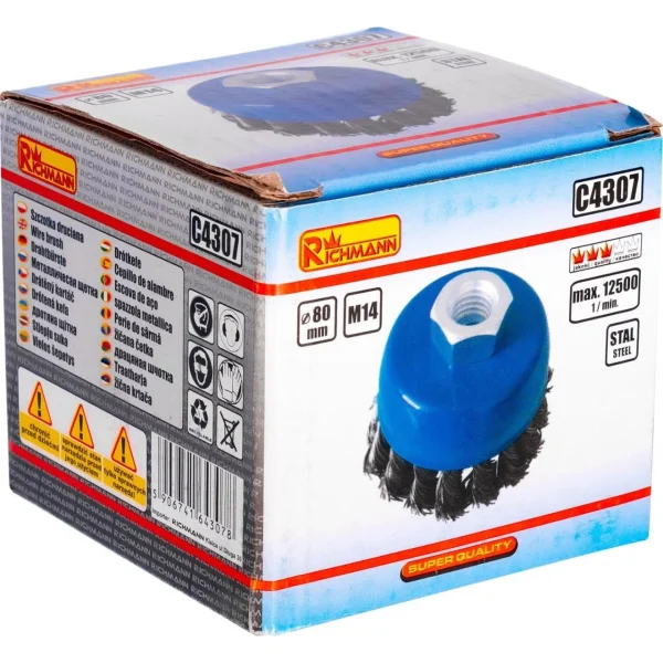 Perie sarma otel, tip cupa, cu toroane, M14, 80 mm, Richmann 