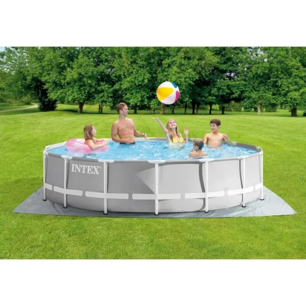 Piscina structura metalica, rotunda, cu filtru, pompa, scara, prelata acoperire, gri, 457x107 cm, Intex Prism Frame