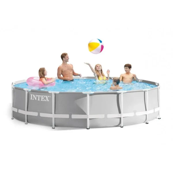 Piscina structura metalica, rotunda, cu filtru, pompa, scara, prelata acoperire, gri, 457x107 cm, Intex Prism Frame