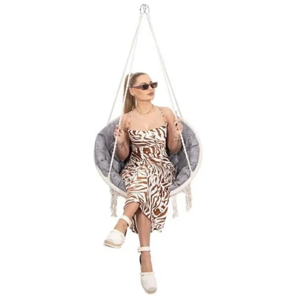 Hamac brazilian, tip scaun, Springos, cu perna, crem si gri, max 150 kg, 79x80x120 cm