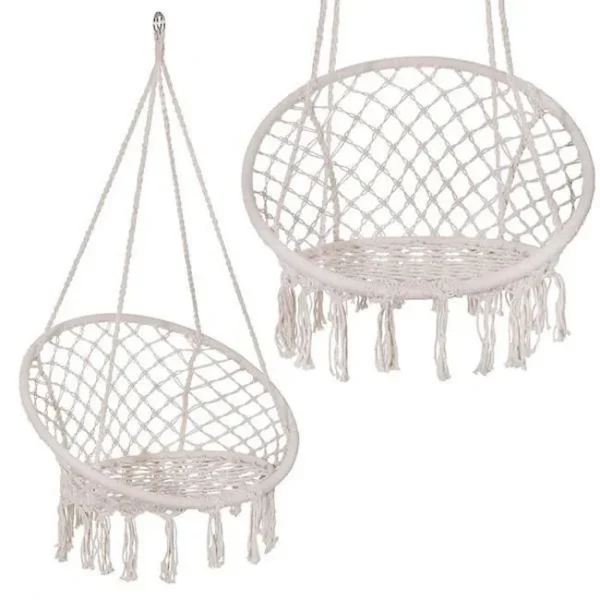 Hamac brazilian, tip scaun, Springos, cu perna, crem si gri, max 150 kg, 79x80x120 cm