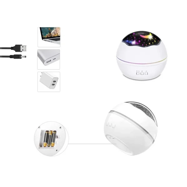Lampa de noptiera cu proiector, Verk Group, pentru copii, cupola rotativa, 2 moduri, diferite culori, 4xAAA, incarcare USB, 12x10 cm