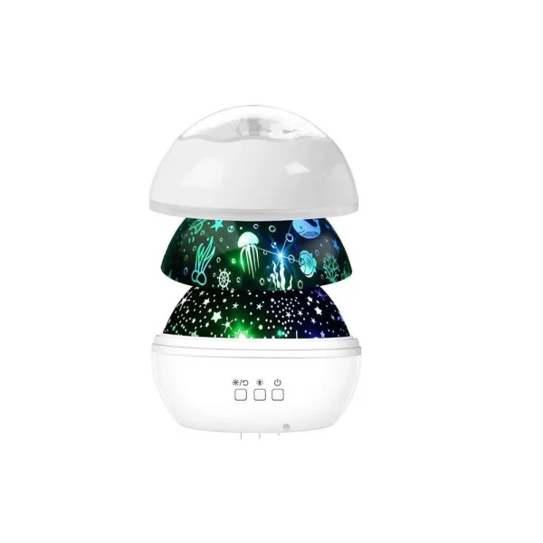 Lampa de noptiera cu proiector, Verk Group, pentru copii, cupola rotativa, 2 moduri, diferite culori, 4xAAA, incarcare USB, 12x10 cm
