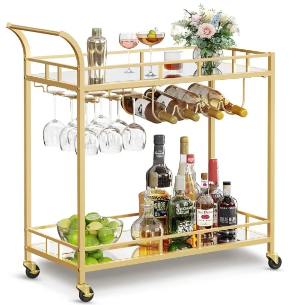 Carucior servire, raft mobil pentru bucatarie, Artool, pe roti, otel, sticla, cu suport pahare si sticle, auriu, 86x38x90 cm