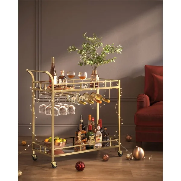 Carucior servire, raft mobil pentru bucatarie, Artool, pe roti, otel, sticla, cu suport pahare si sticle, auriu, 86x38x90 cm