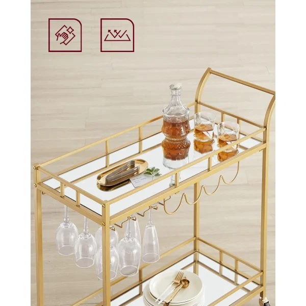 Carucior servire, raft mobil pentru bucatarie, Artool, pe roti, otel, sticla, cu suport pahare si sticle, auriu, 86x38x90 cm