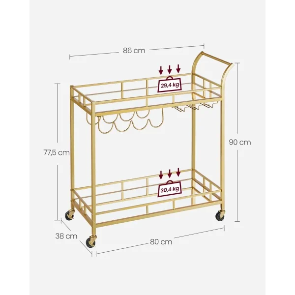 Carucior servire, raft mobil pentru bucatarie, Artool, pe roti, otel, sticla, cu suport pahare si sticle, auriu, 86x38x90 cm