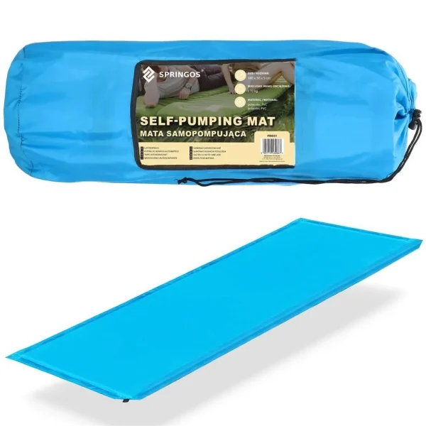 Saltea camping auto-gonflabila, poliester si spuma PU, albastru, 180x50 cm, Springos