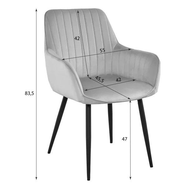 Scaun stil fotoliu bucatarie/living, Artool, Solden, catifea gri inchis, picioare metal negru, 55x45.5x83.5 cm