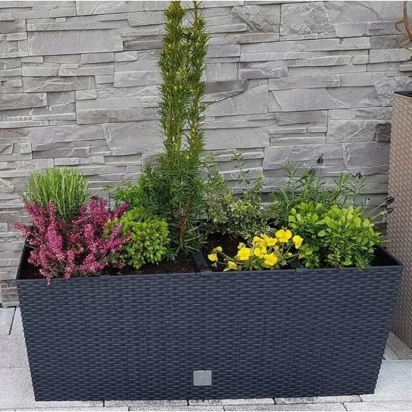 Set 2 jardiniere decorative, sistem irigare, imitatie ratan, antracit, 30 L, 60x25x24 cm, Rato Case