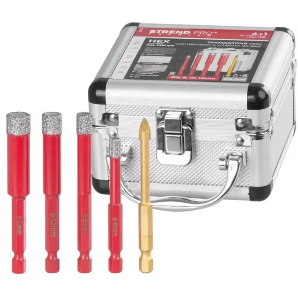 Set burghie diamantate uscate, burghiu de sticla, 5 piese, 6-8-10-12 mm, HEX, Strend Pro Premium
