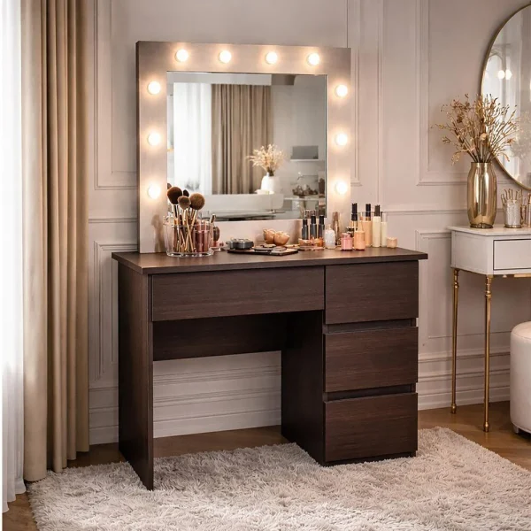 Masa de toaleta/machiaj, Irina, wenge + scaun Alba, negru, cu oglinda si LED-uri, 94x43x141 cm