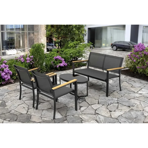 Set mobilier gradina/terasa, negru si natur, 1 masa, 2 scaune, 1 canapea, Imala