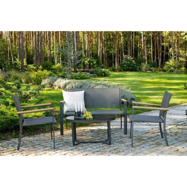 Set mobilier gradina/terasa, negru si natur, 1 masa, 2 scaune, 1 canapea, Imala
