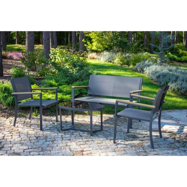 Set mobilier gradina/terasa, negru si natur, 1 masa, 2 scaune, 1 canapea, Imala