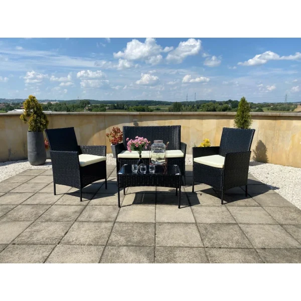 Set mobilier gradina/terasa, poliratan, negru cu perne bej, 1 masa, 2 fotolii, 1 canapea, Medi