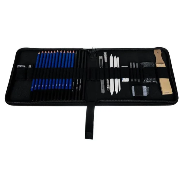 Set desenat/schite in creion, Malatec, cu accesorii, grafit, carbune, 32 buc